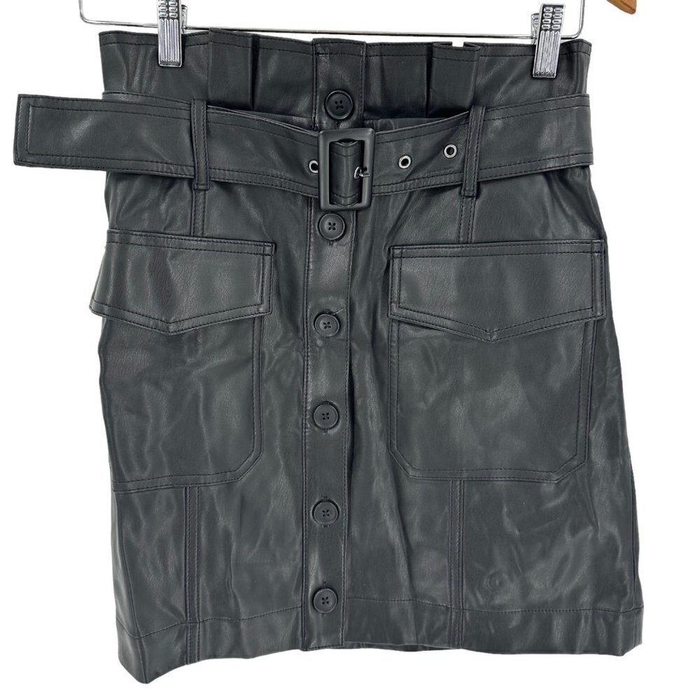 NWT Banana Republic Vegan Leather Button Down Belted Mini Skirt Black Sz 6‎